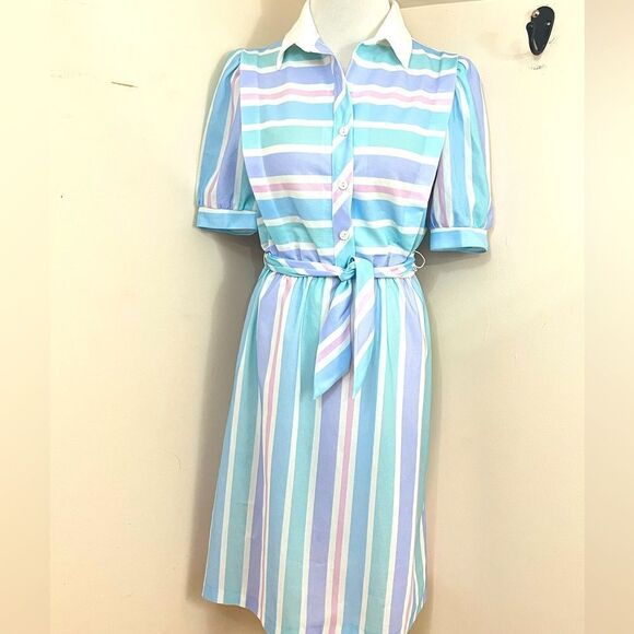 Vintage 70’s Jenny Petite Pastel Pink/ Blue Striped Midi Shirt Dress S - Picture 1 of 11